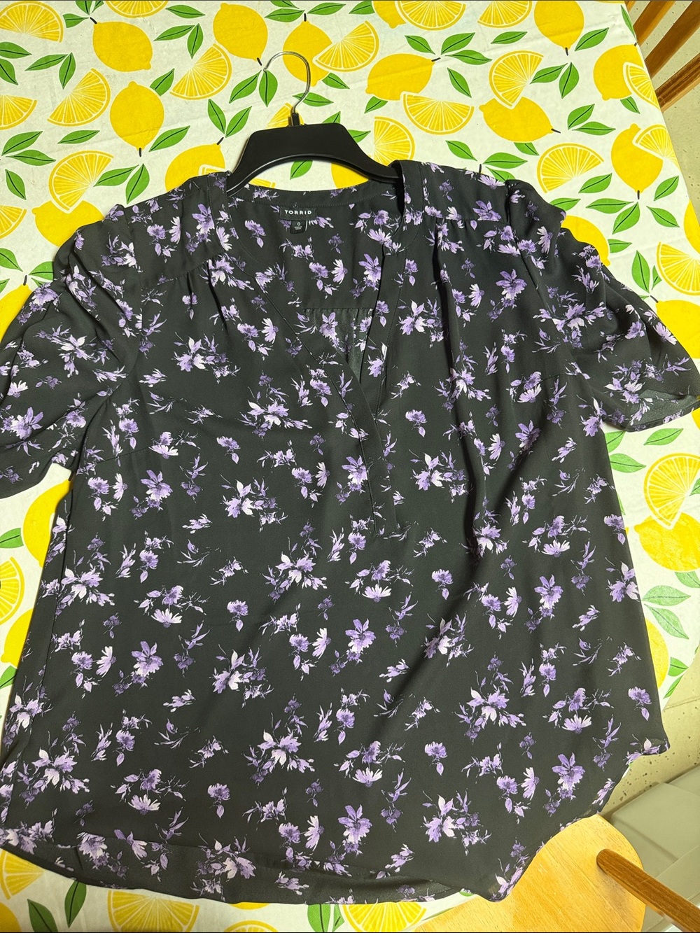 torrid Black V-Neck Blouse with Lavender Floral Print